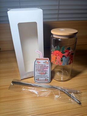 Mama Floral Glass Tumbler with Bamboo Lid and Straw - Clear/Orange/Green